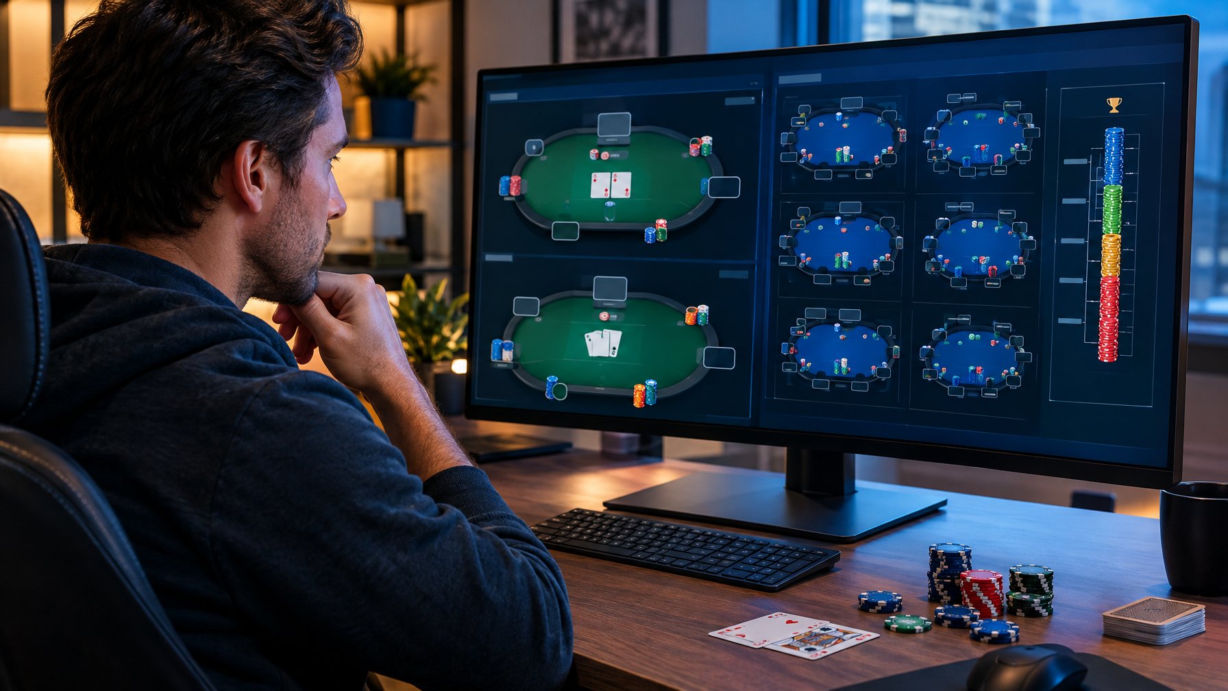 Seorang pemain poker online duduk di depan layar yang menampilkan meja permainan dan turnamen poker.