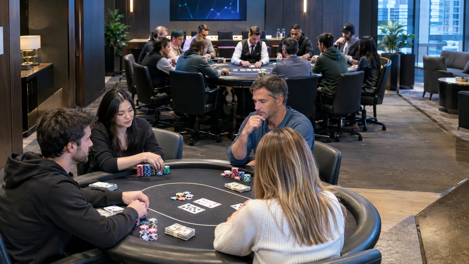Pemain sedang bermain poker di meja permainan uang dan meja turnamen.