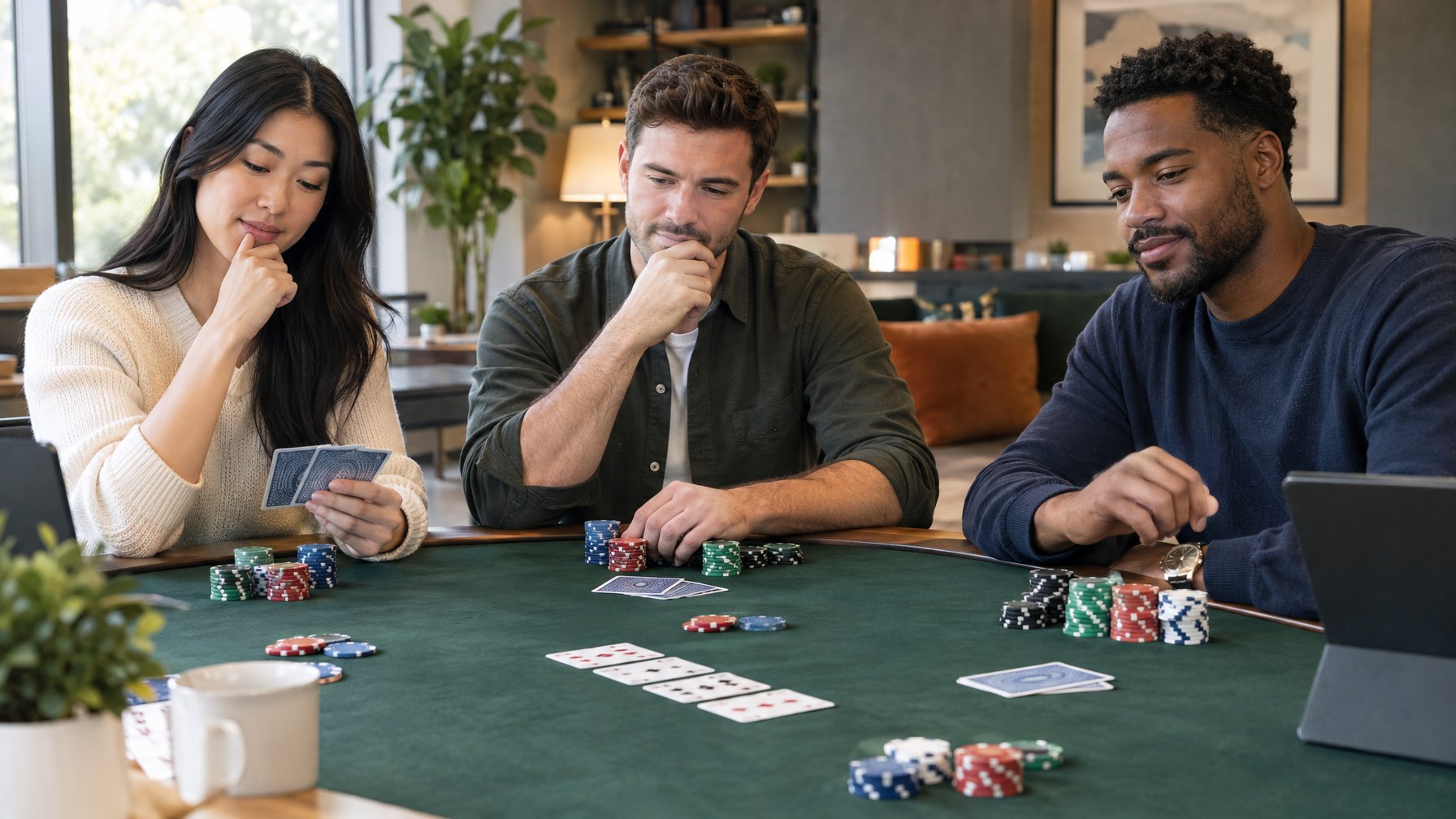 Tiga orang dewasa dengan tingkat pengalaman berbeda bermain poker di meja.