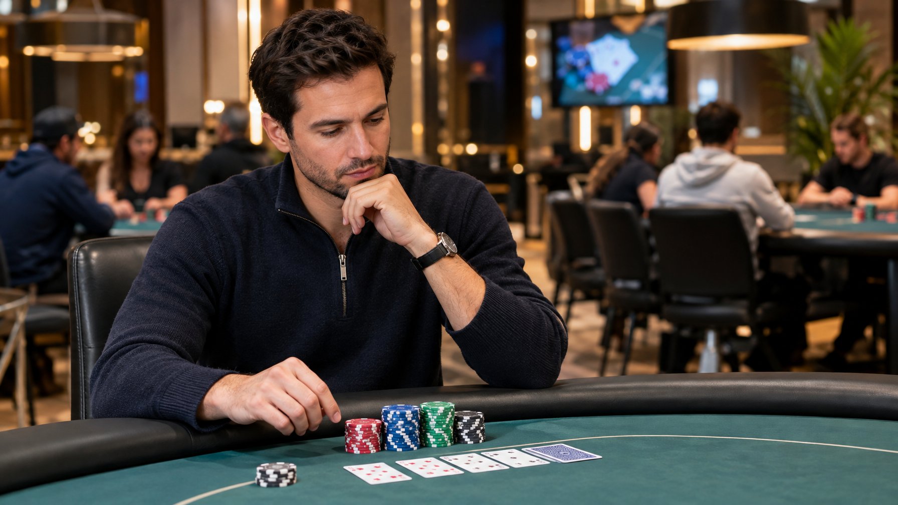 Seorang pemain mempelajari kartu dan chip poker sebelum memilih permainan.