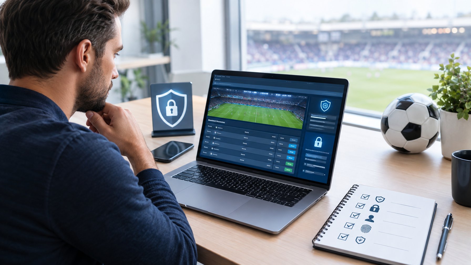 Seseorang memeriksa situs taruhan sepak bola di laptop dengan simbol keamanan di meja.