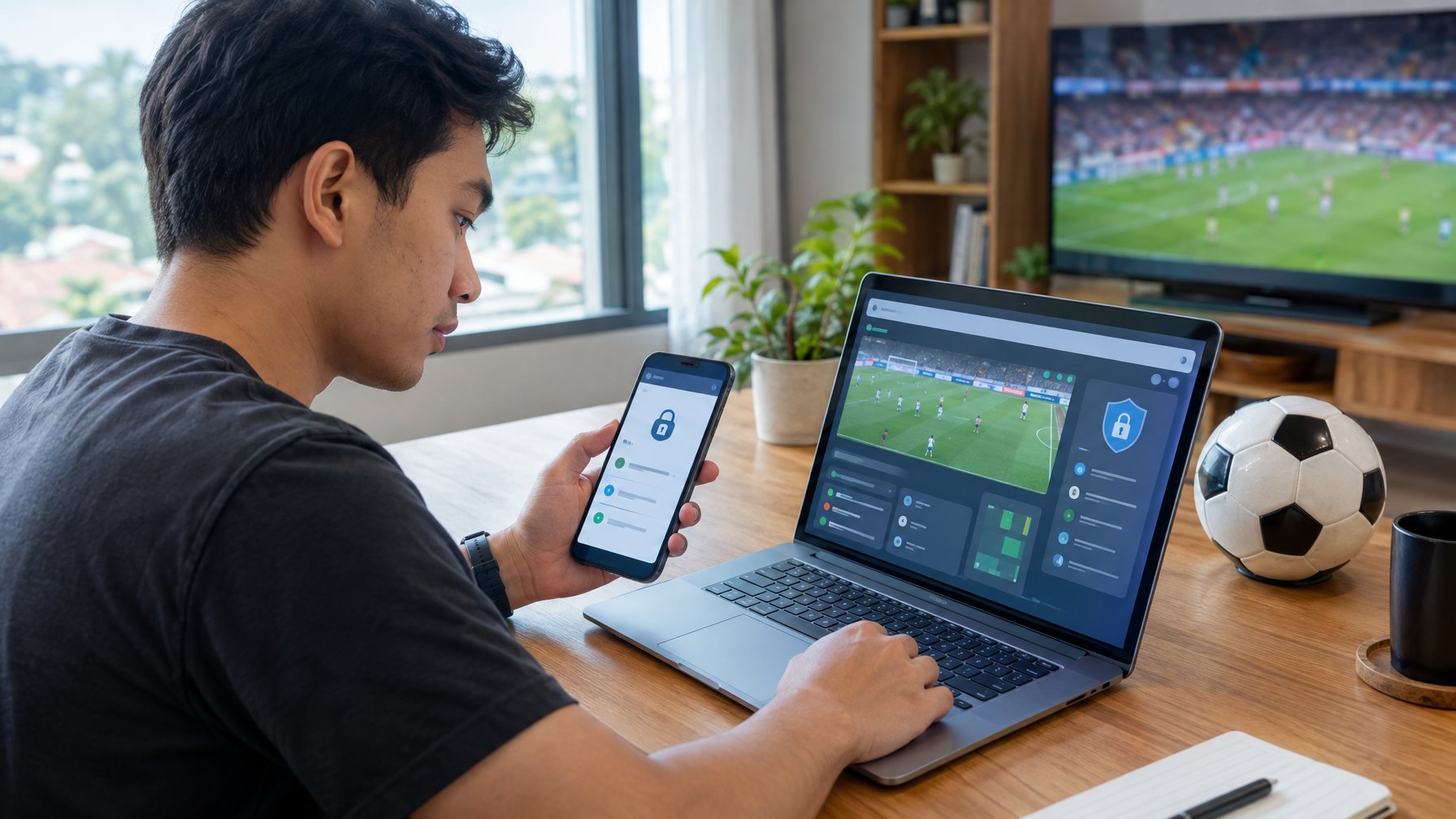 Seorang dewasa memeriksa informasi keamanan daring di laptop sambil menonton pertandingan sepak bola.