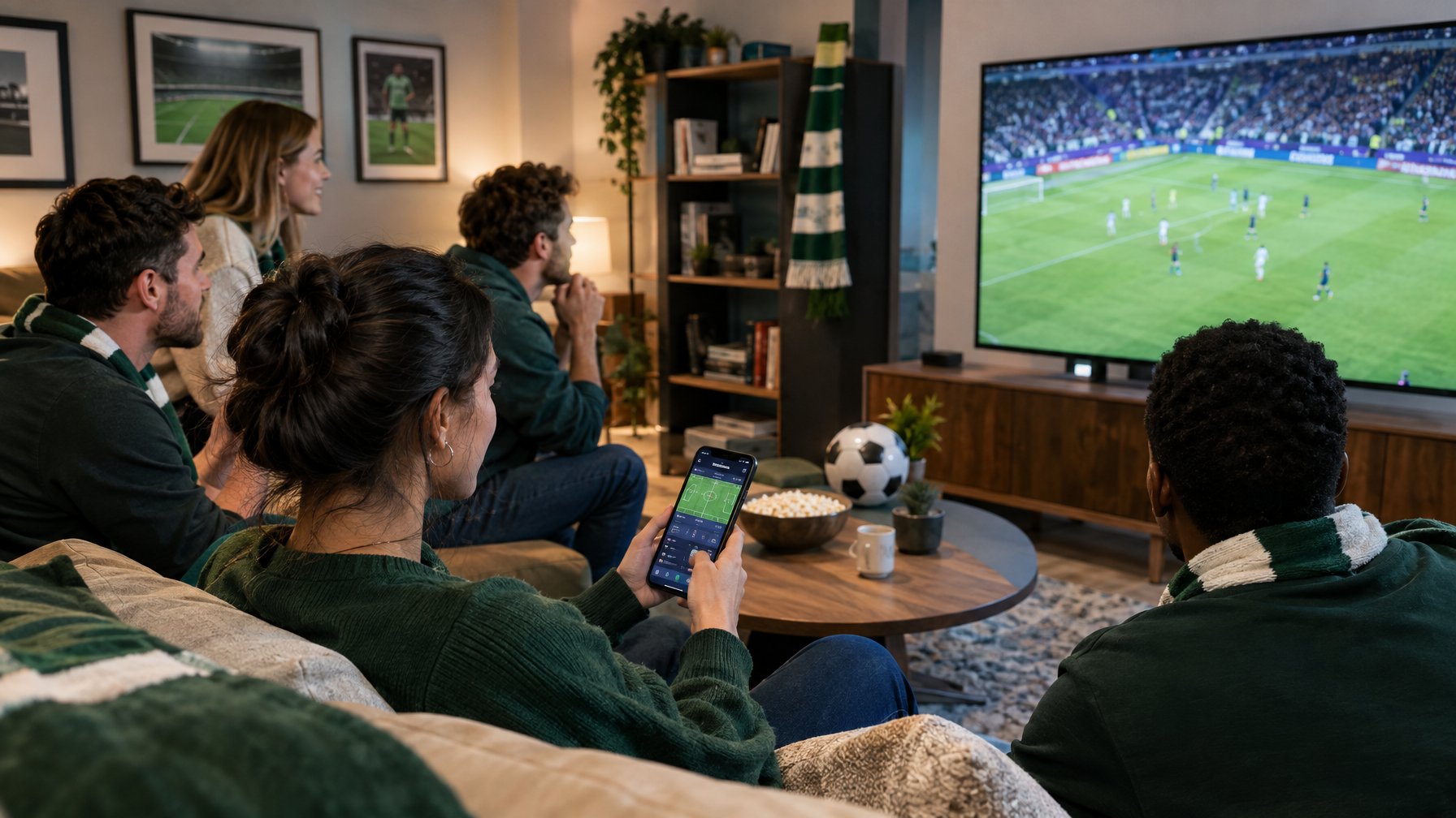 Penggemar sepak bola menonton pertandingan bersama sambil melihat ponsel.