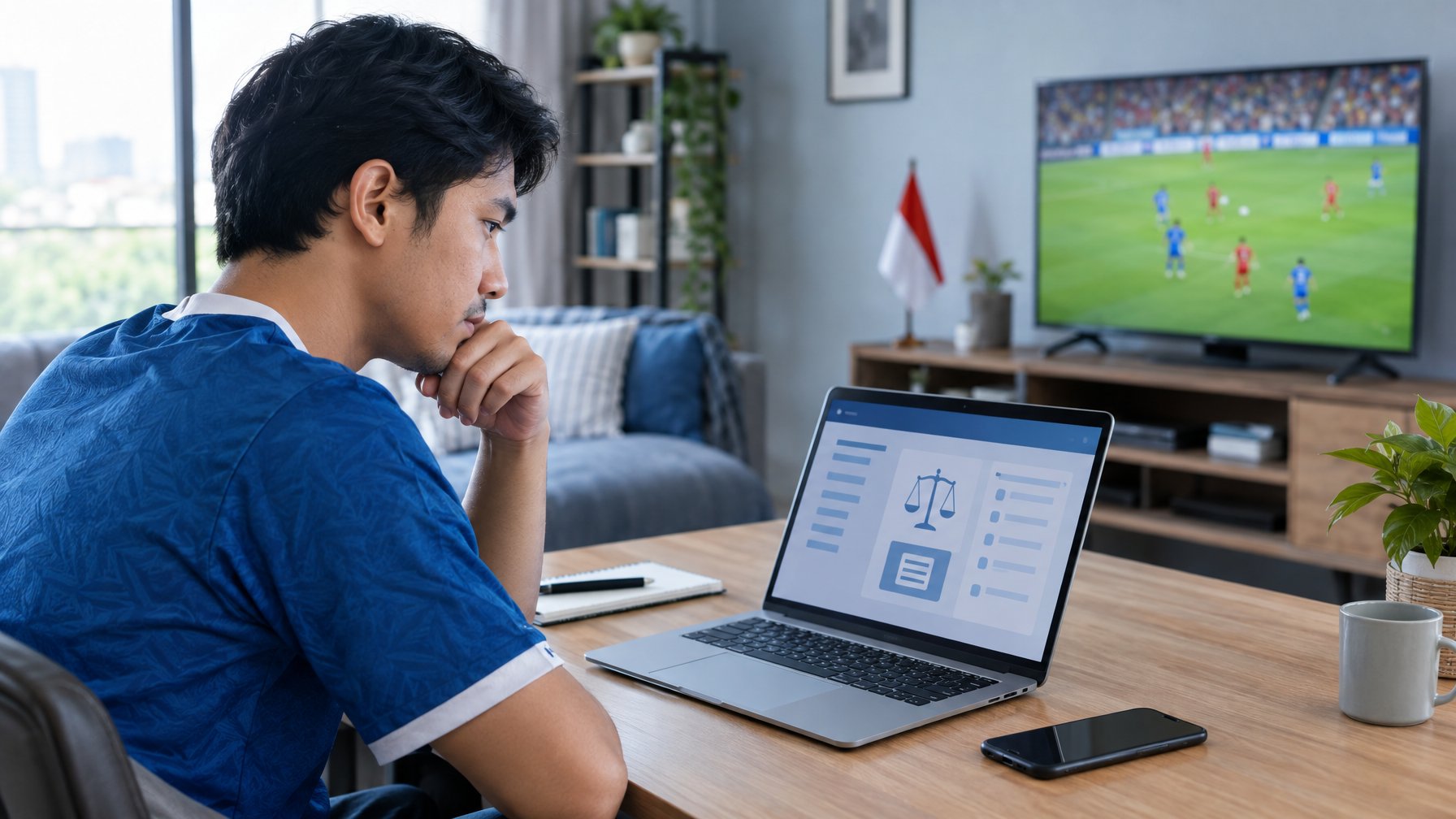 Seorang penggemar sepak bola Indonesia membaca informasi di laptop sambil menonton pertandingan.