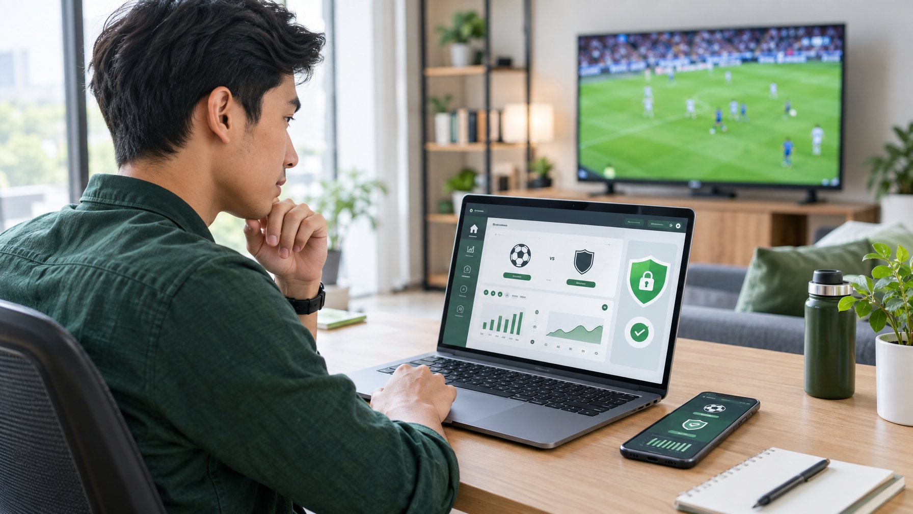 Seorang pria meninjau antarmuka permainan olahraga di laptop, dengan ponsel dan siaran sepak bola di dekatnya.