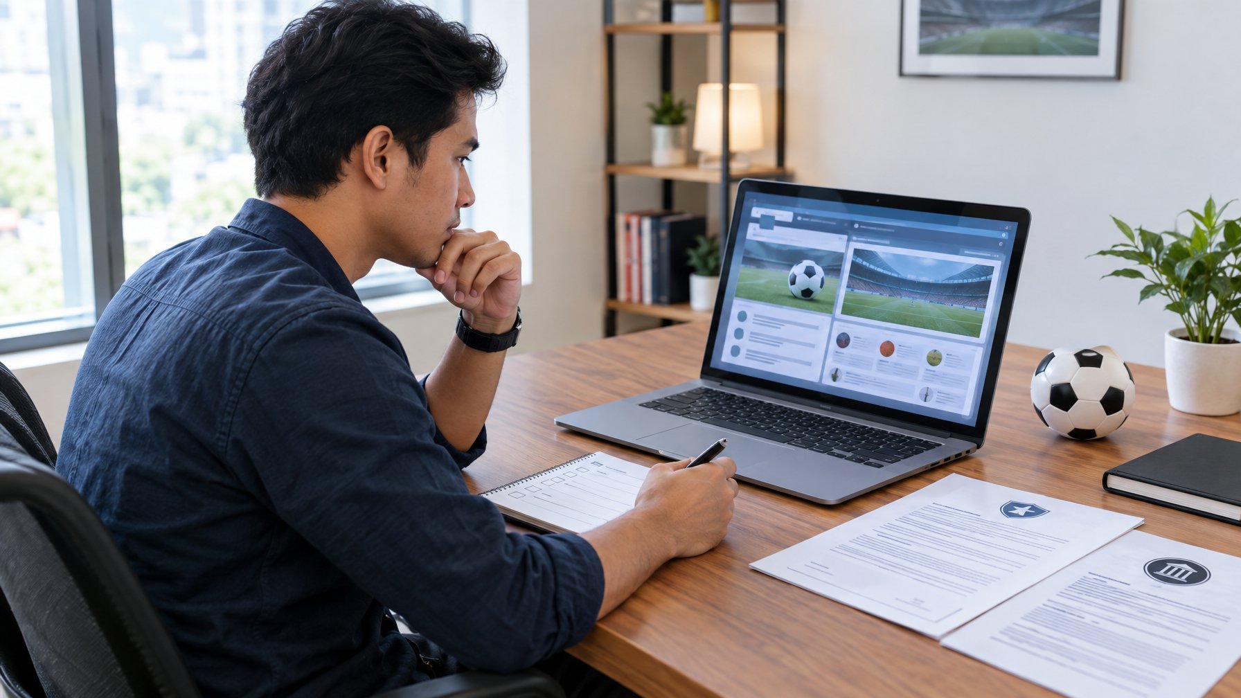 Seseorang memeriksa situs sepak bola daring sambil meninjau dokumen dan daftar periksa di meja.