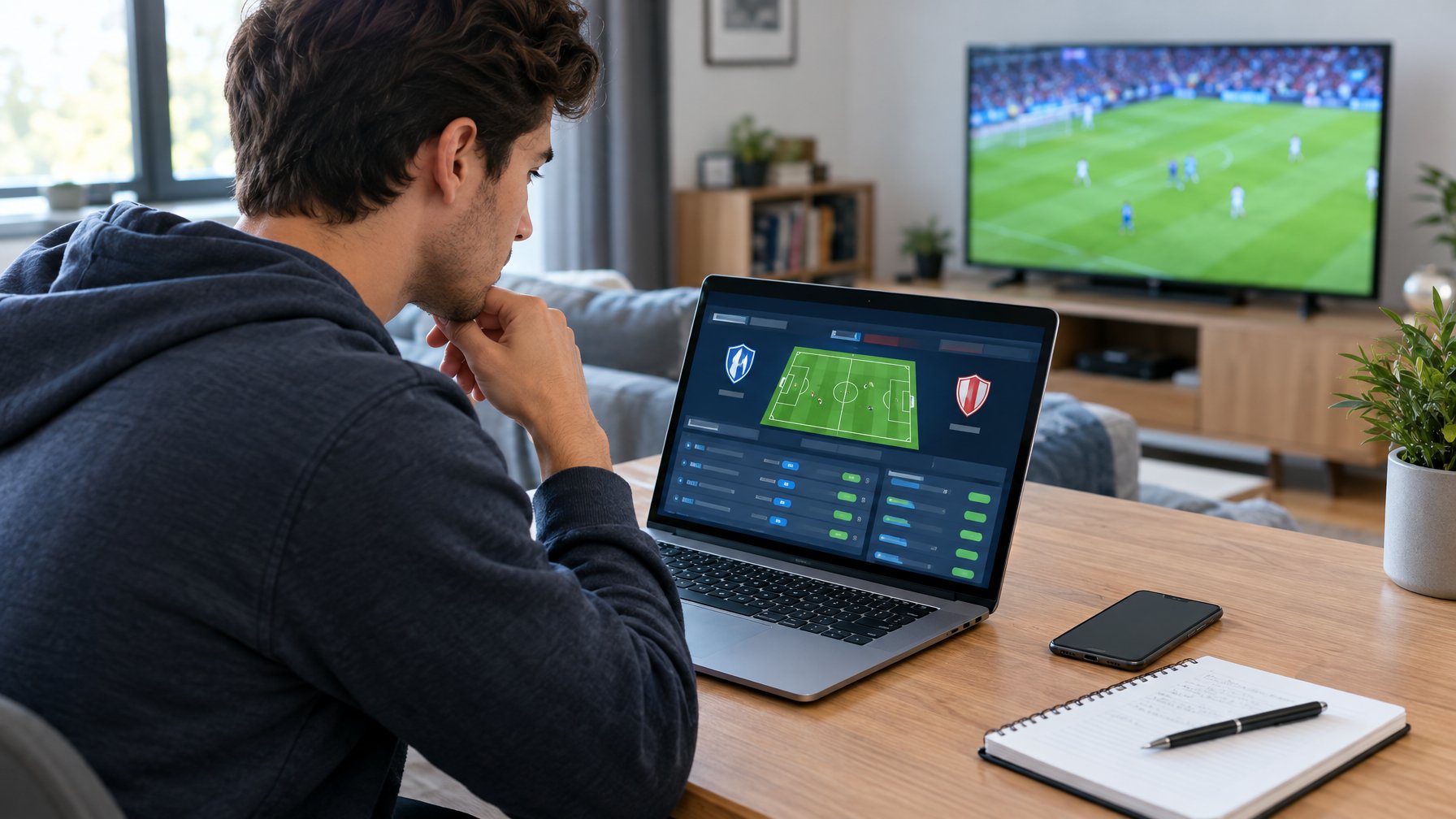Seorang pemula mempelajari informasi pertandingan sepak bola di laptop sambil duduk di meja.