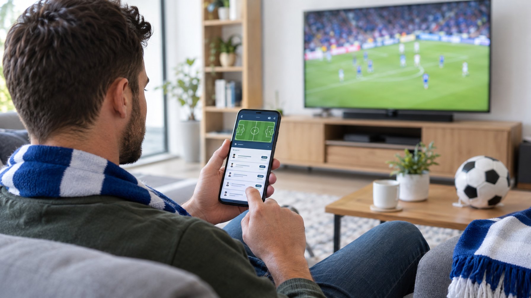 Seorang penggemar sepak bola menggunakan ponsel sambil menonton pertandingan di rumah.