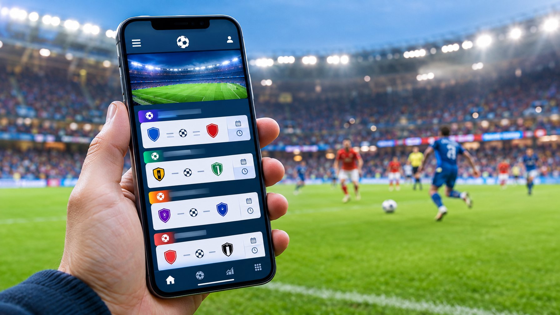 Seseorang melihat jadwal pertandingan sepak bola di ponsel dengan stadion di latar belakang.
