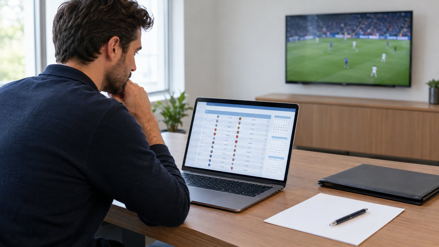 Seorang analis meninjau jadwal pertandingan sepak bola di laptop di meja kerja.
