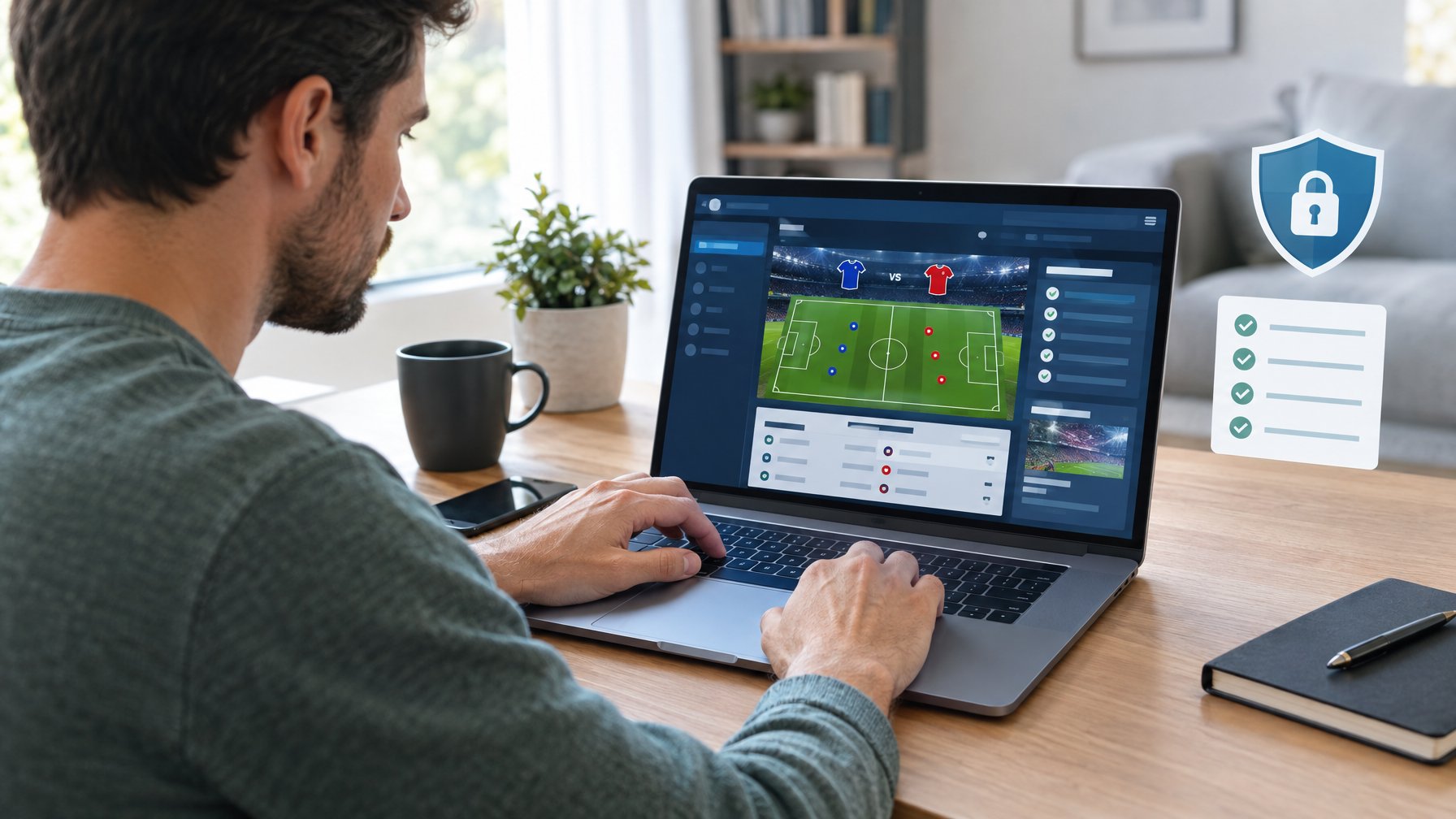 Seorang dewasa memeriksa situs sepak bola di laptop dengan simbol keamanan di meja kerjanya.