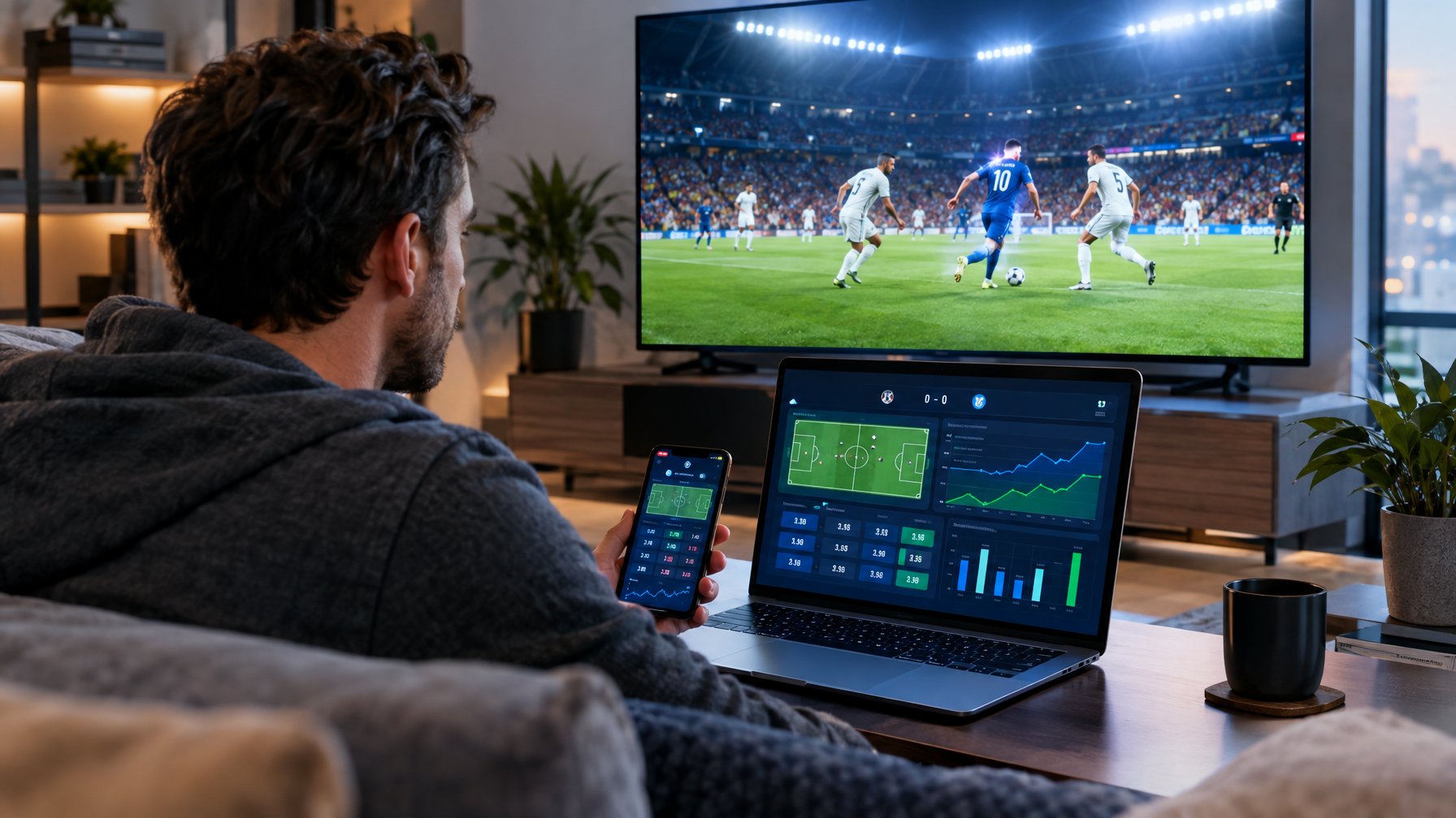 Seorang penggemar sepak bola menyaksikan pertandingan di televisi sambil melihat statistik pertandingan pada laptop dan ponsel.