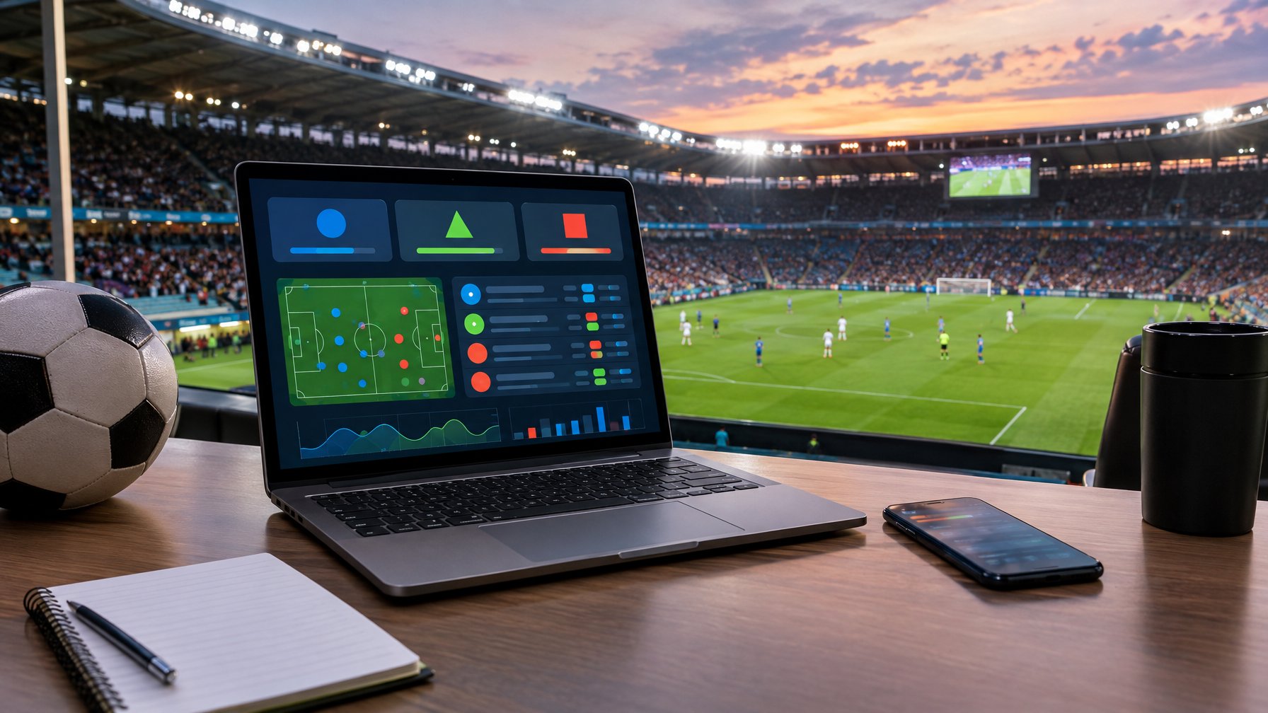 Seseorang menganalisis pertandingan sepak bola di laptop di depan stadion.