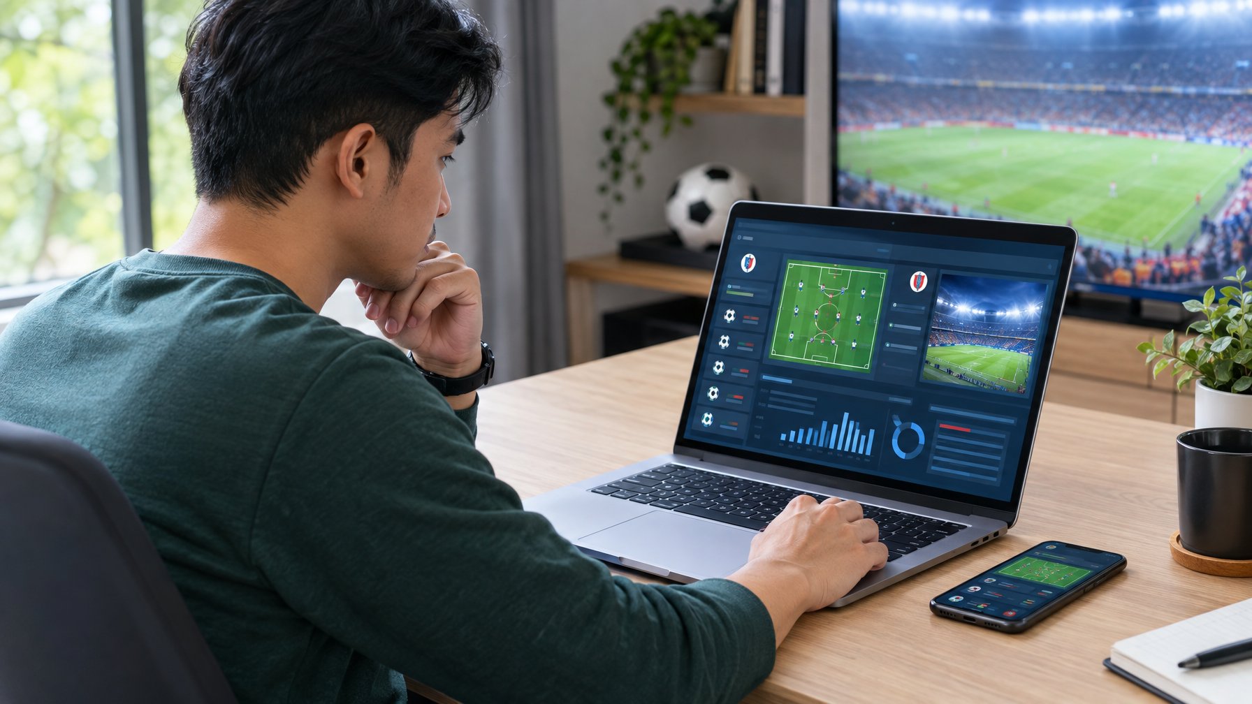 Seorang pengguna melihat tampilan pertandingan sepak bola di laptop dengan ponsel di sampingnya.