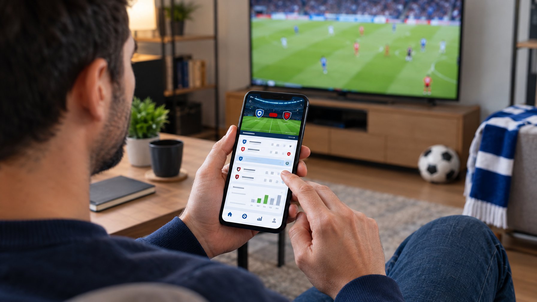 Seseorang menggunakan ponsel untuk melihat fitur pertandingan sepak bola di rumah.