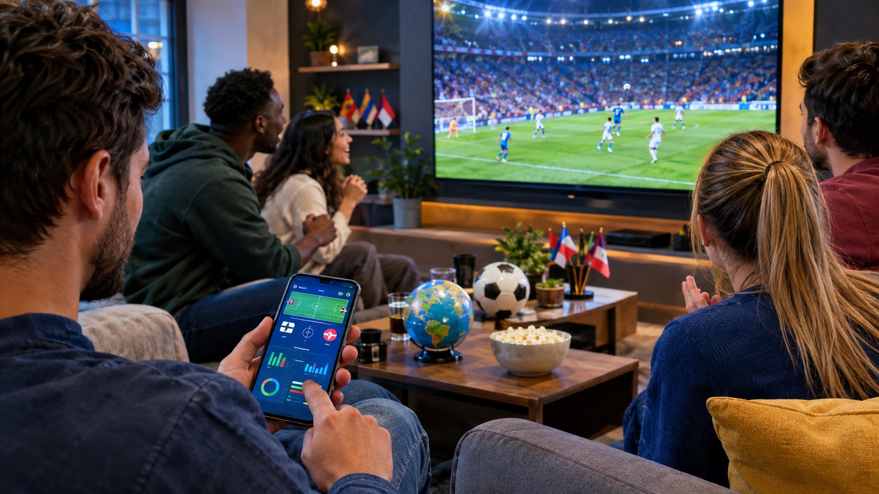 Para penggemar sepak bola menyaksikan pertandingan di layar, sementara seseorang menggunakan ponsel.