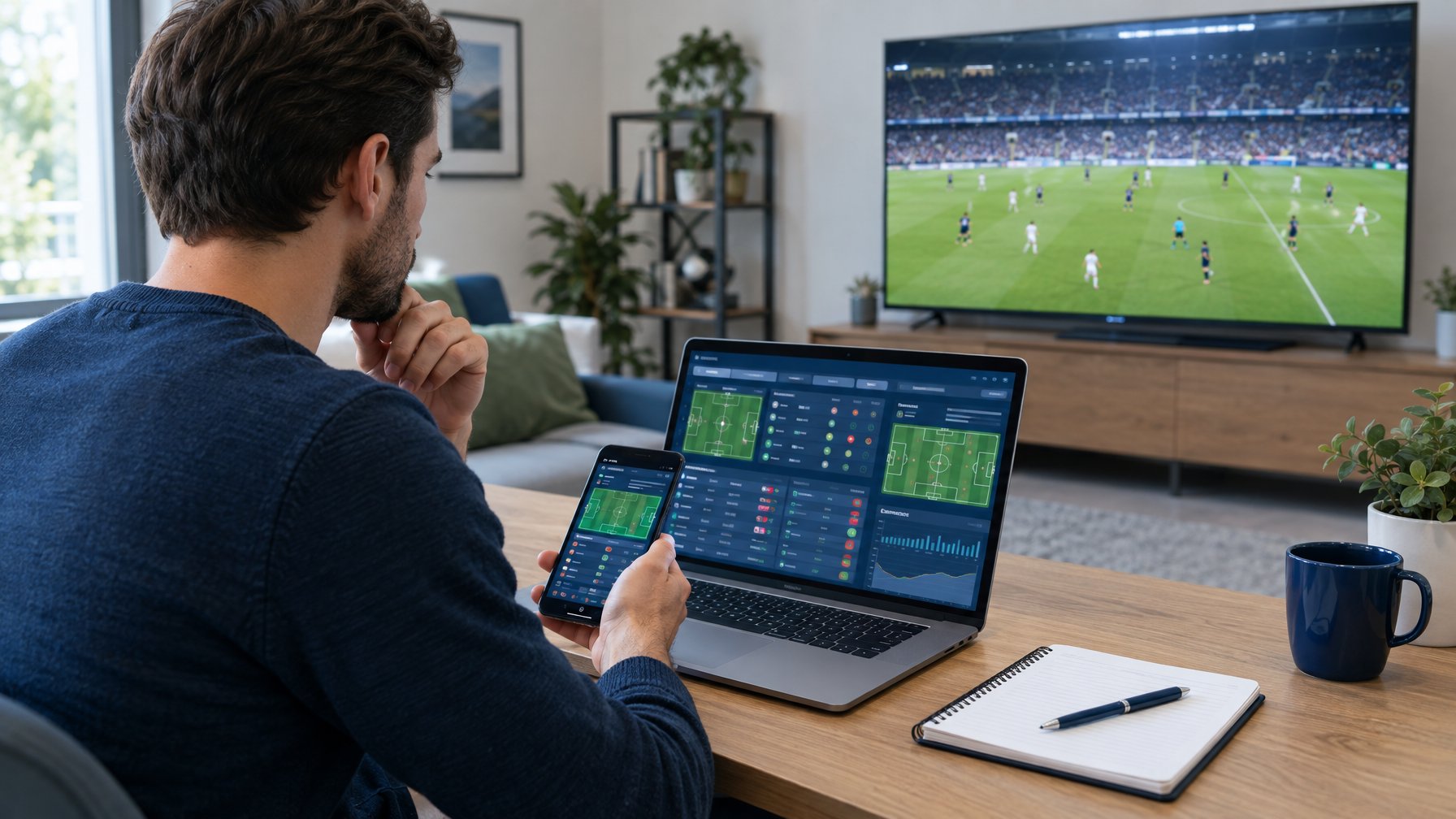 Seorang penonton meninjau informasi pertandingan sepak bola di laptop dan ponsel.
