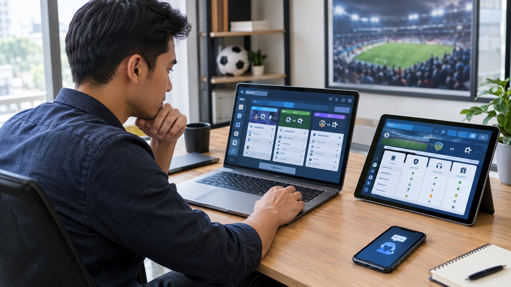 Seorang analis membandingkan beberapa platform taruhan bola online melalui laptop, tablet, dan ponsel.