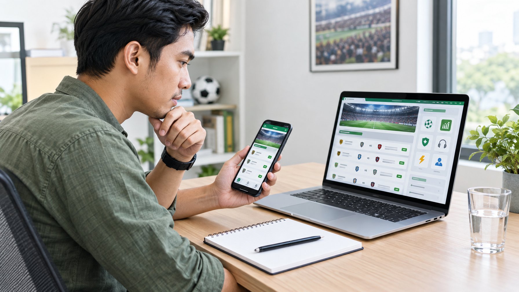 Seorang pria membandingkan fitur platform sepak bola melalui laptop dan ponsel di meja kerjanya.