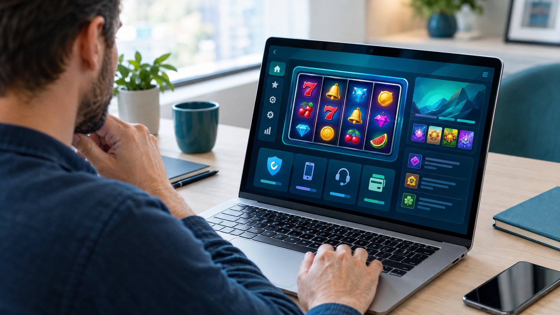 Seseorang meninjau antarmuka permainan slot daring di laptop.