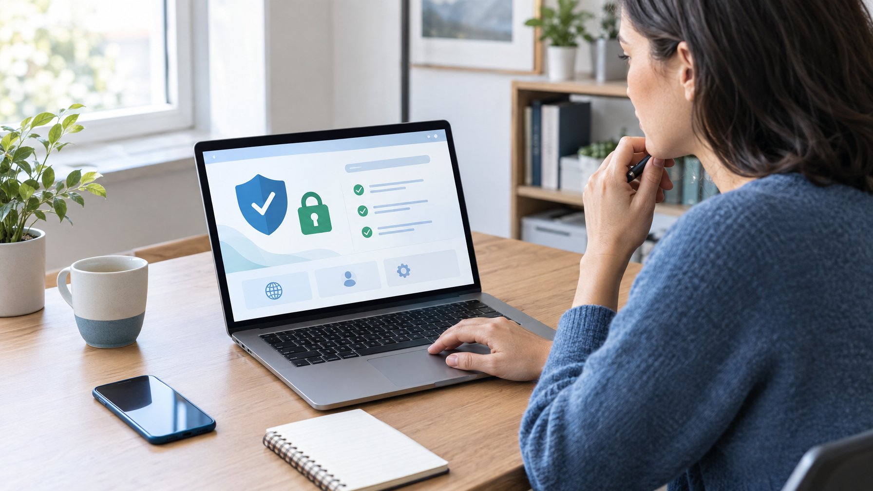 Seseorang memeriksa situs web di laptop dengan simbol keamanan di layar.