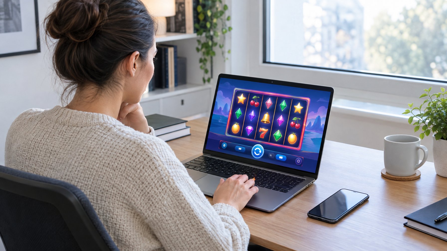 Seorang pemula mempelajari permainan slot melalui laptop di meja rumah.