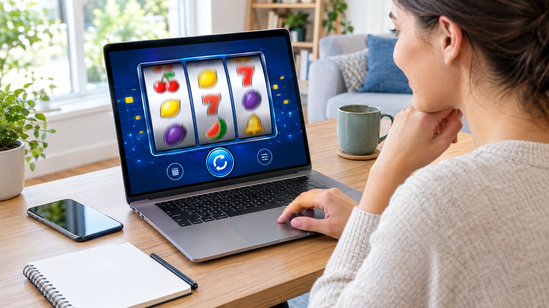 Seseorang mempelajari permainan slot digital melalui laptop di meja.