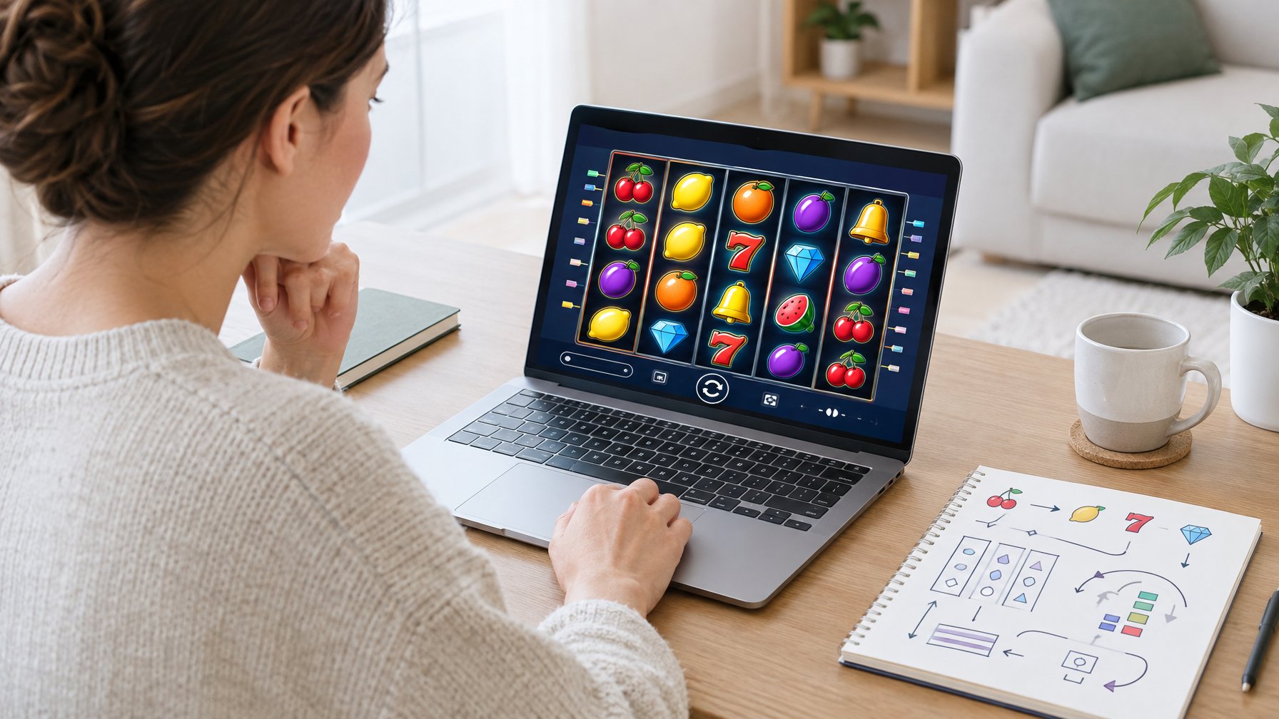 Seseorang mempelajari tampilan permainan slot di laptop sambil melihat diagram di buku catatan.
