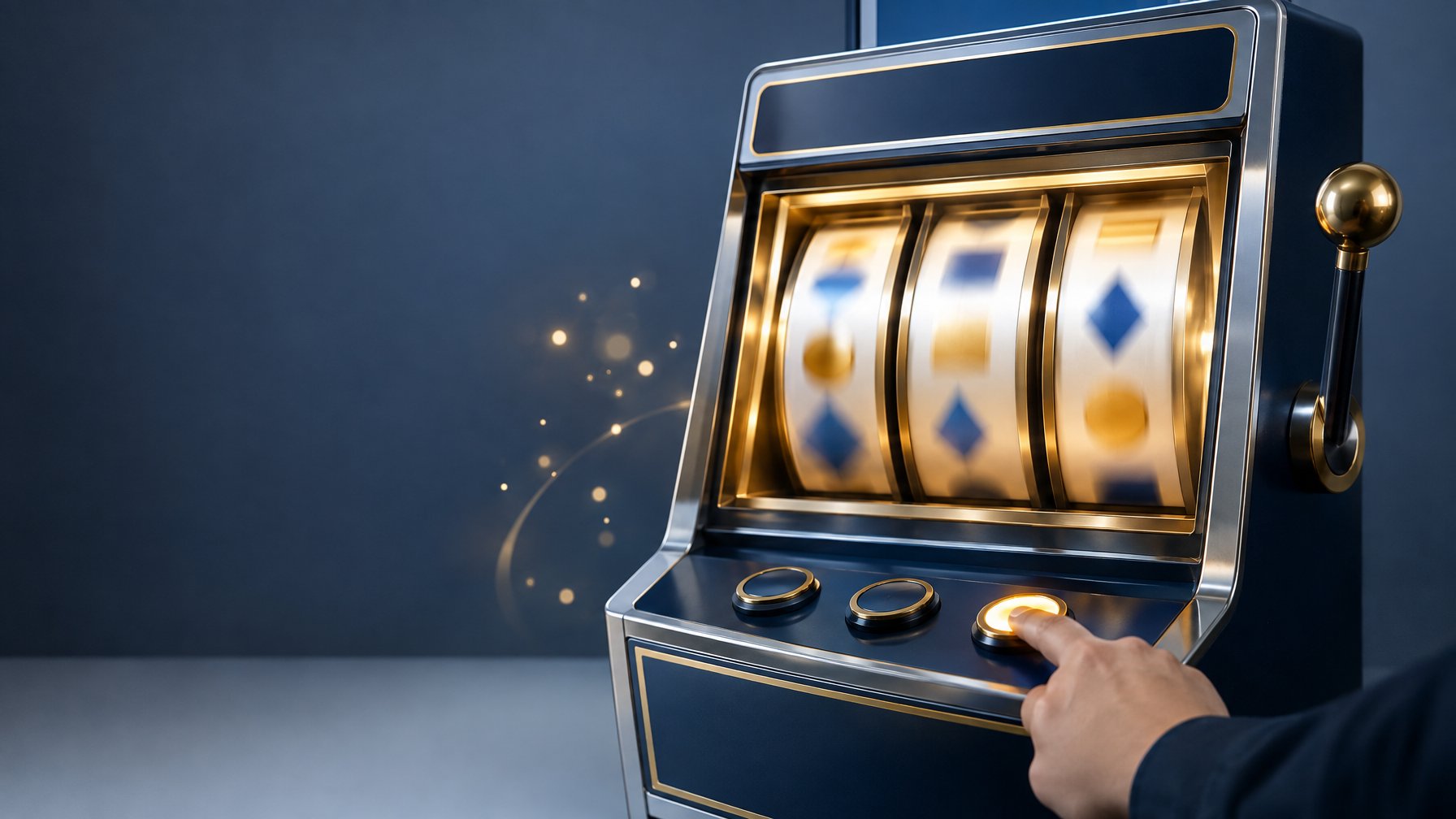 Mesin slot dengan gulungan simbol yang sedang berputar.