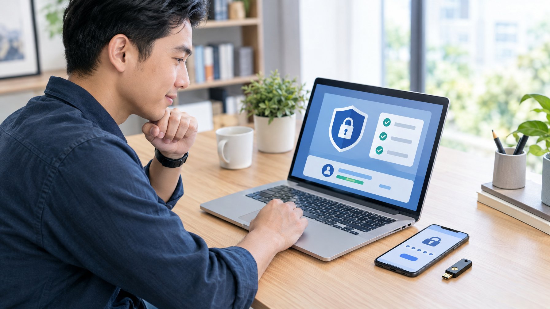 Seorang pengguna memeriksa keamanan akun di laptop dan ponsel.