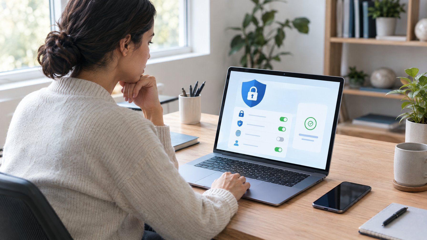 Seseorang memeriksa pengaturan keamanan akun di laptop dengan ponsel di dekatnya.