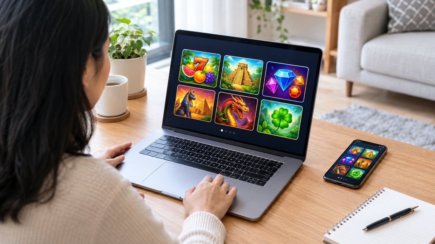 Seseorang membandingkan beberapa permainan slot di laptop dengan ponsel dan buku catatan di meja.