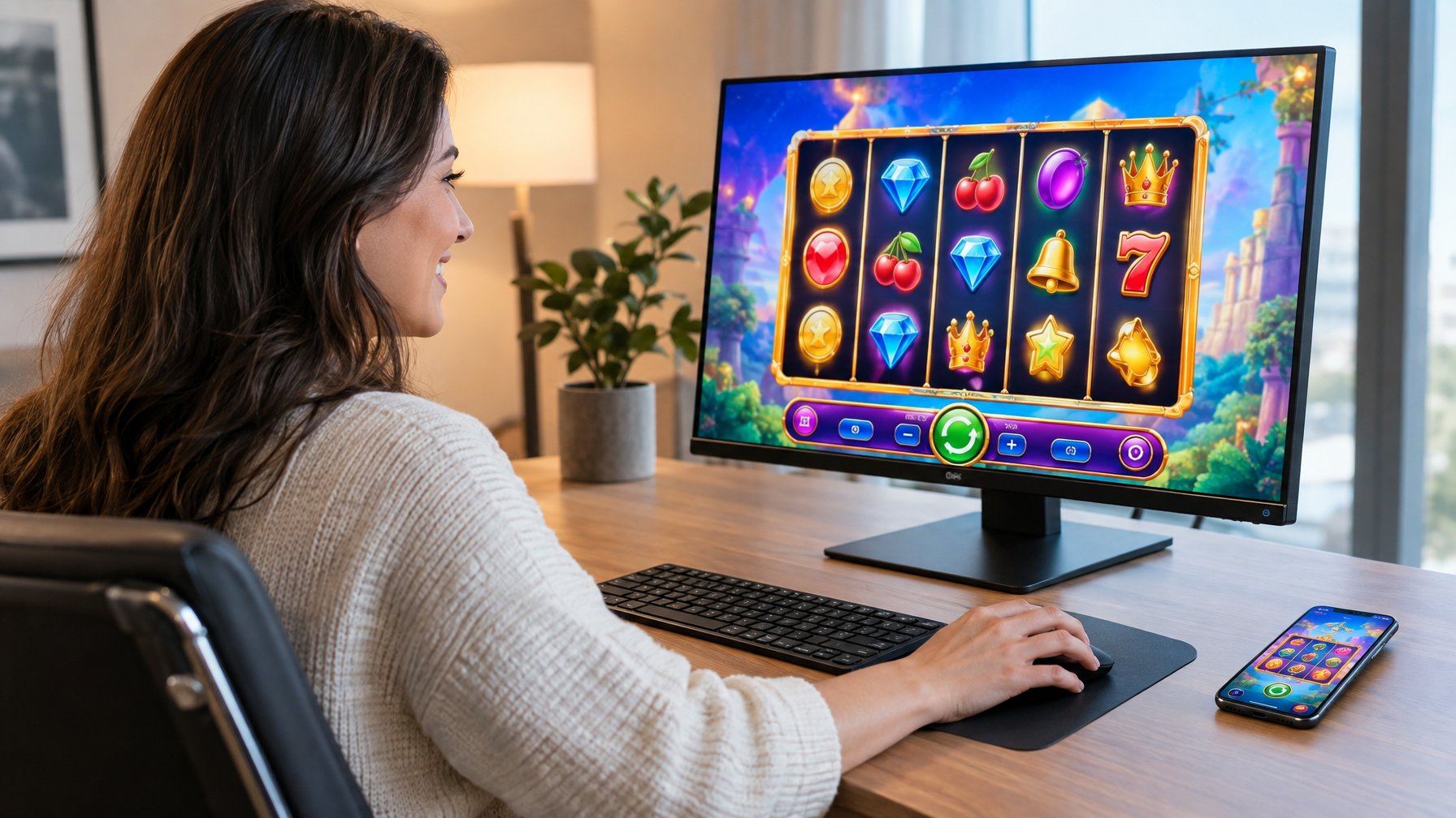 Seorang penggemar permainan slot melihat layar komputer dengan tampilan permainan berwarna-warni.