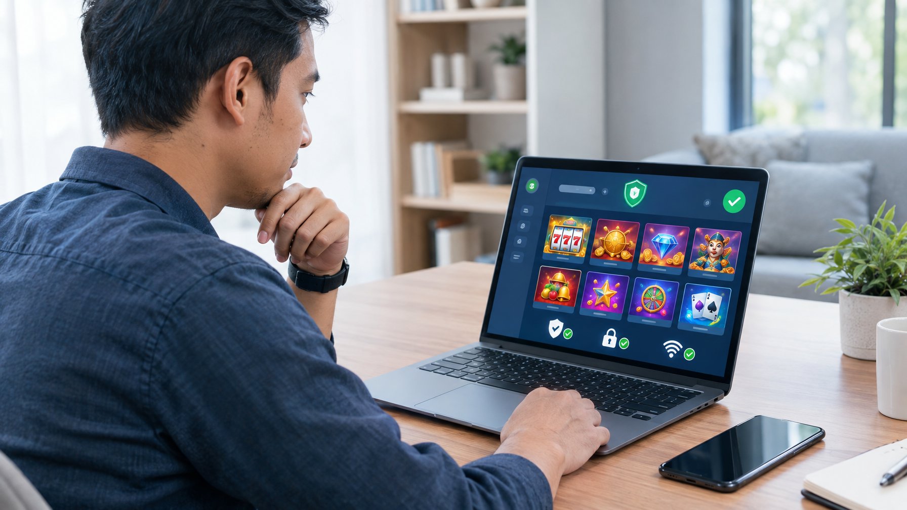 Seseorang memeriksa platform permainan daring di laptop di ruang kerja.