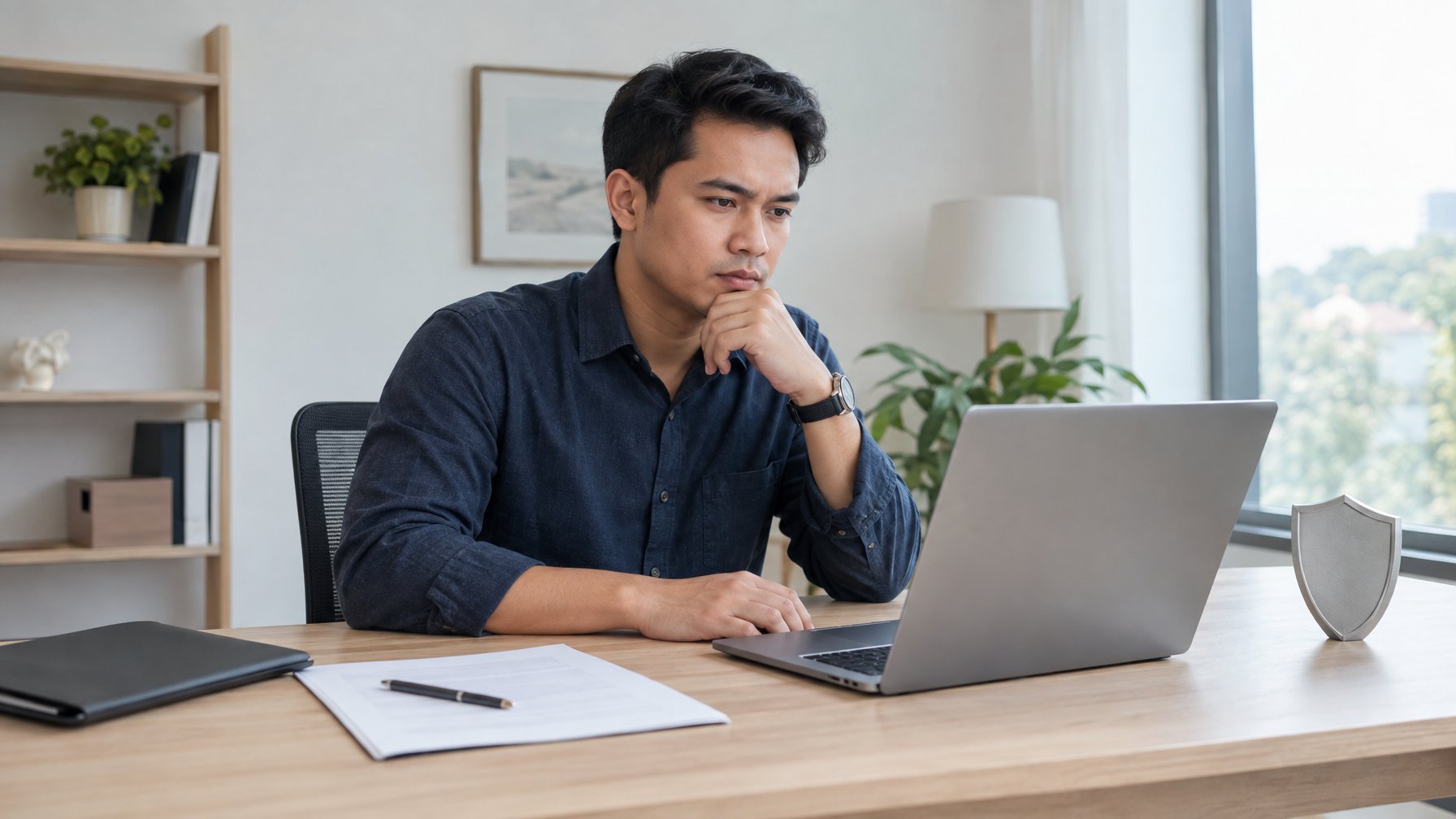 Seorang profesional meninjau laptop dan dokumen di meja kerja dengan sikap penuh pertimbangan.
