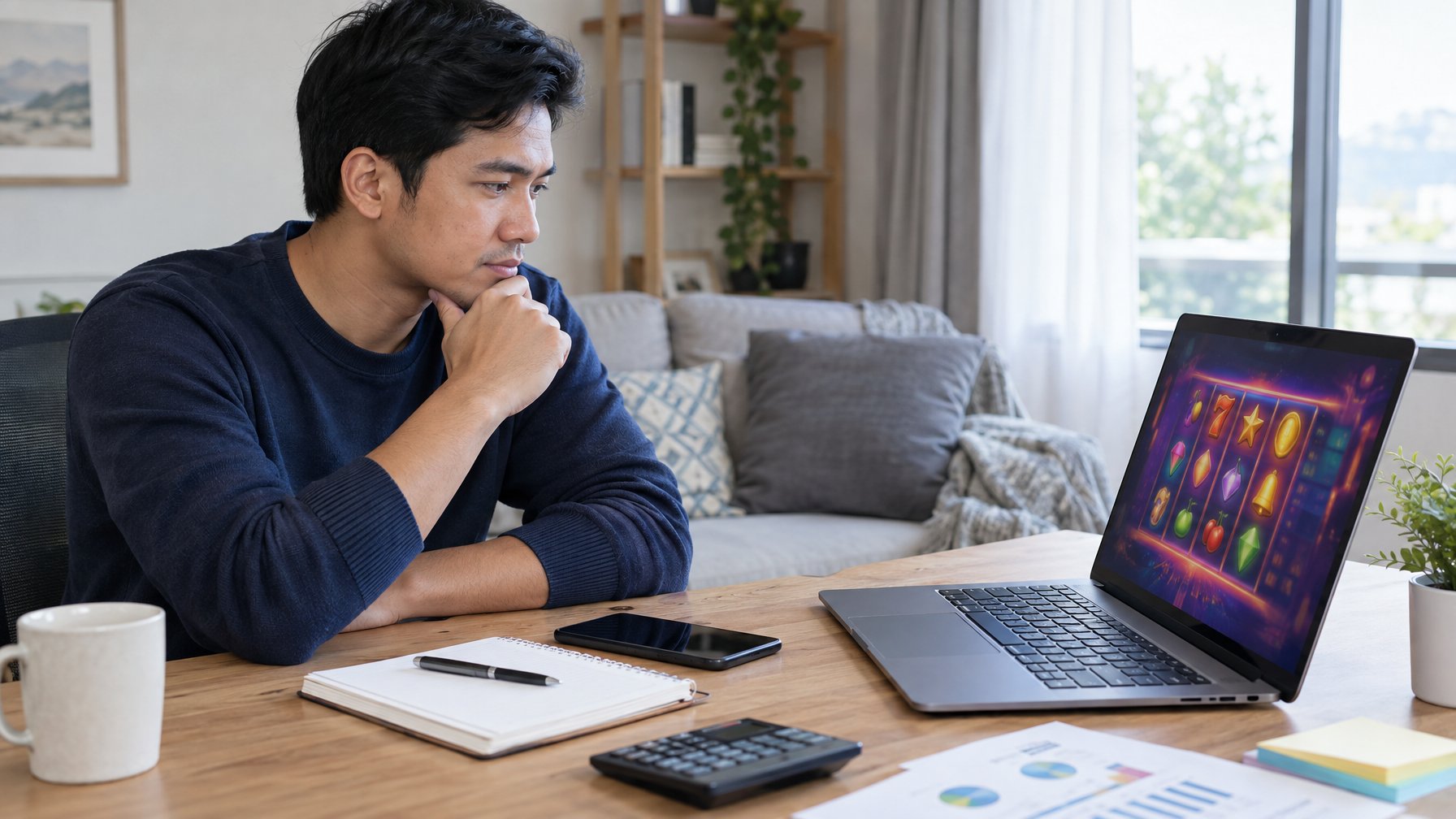 Seseorang meninjau permainan slot di laptop sambil mencatat anggaran.