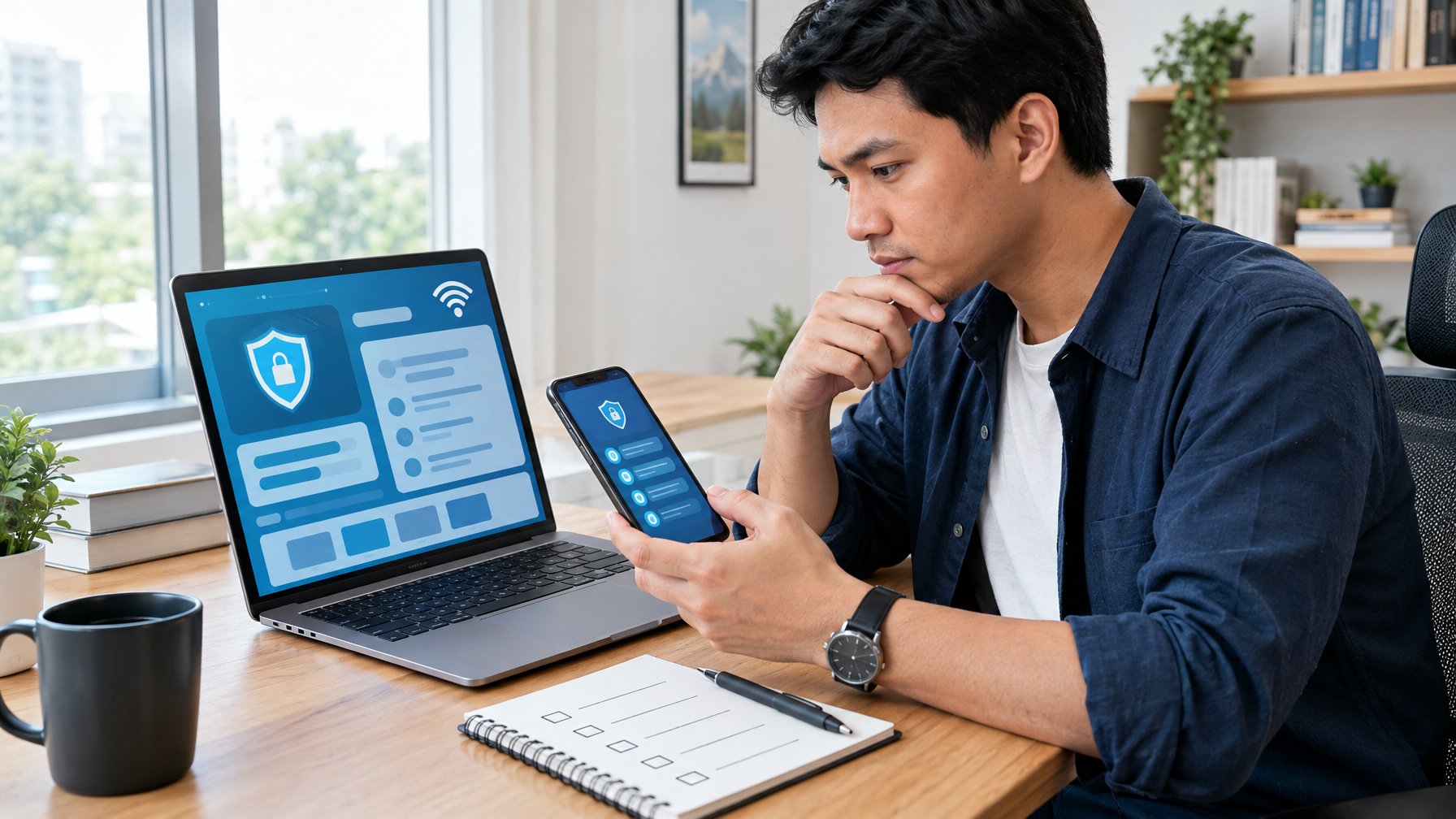 Seorang dewasa meninjau informasi di laptop sambil memegang ponsel di meja kerja.