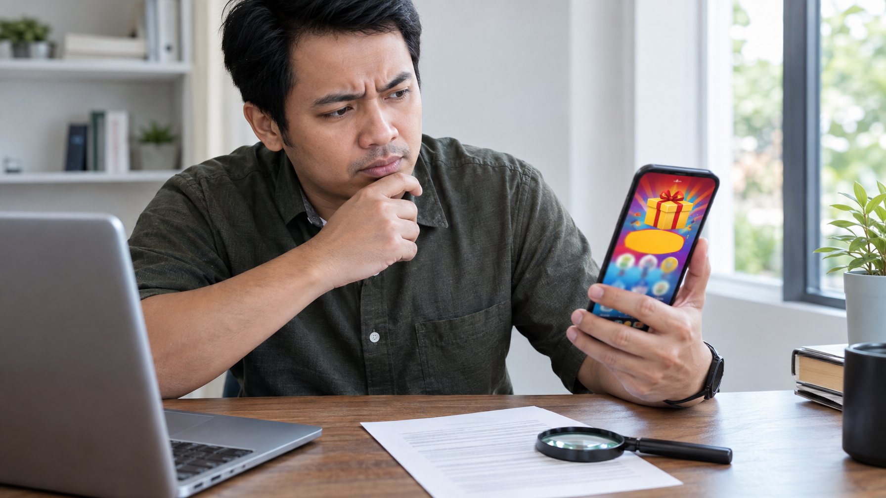 Seseorang memeriksa promosi togel di ponsel dengan ekspresi ragu.