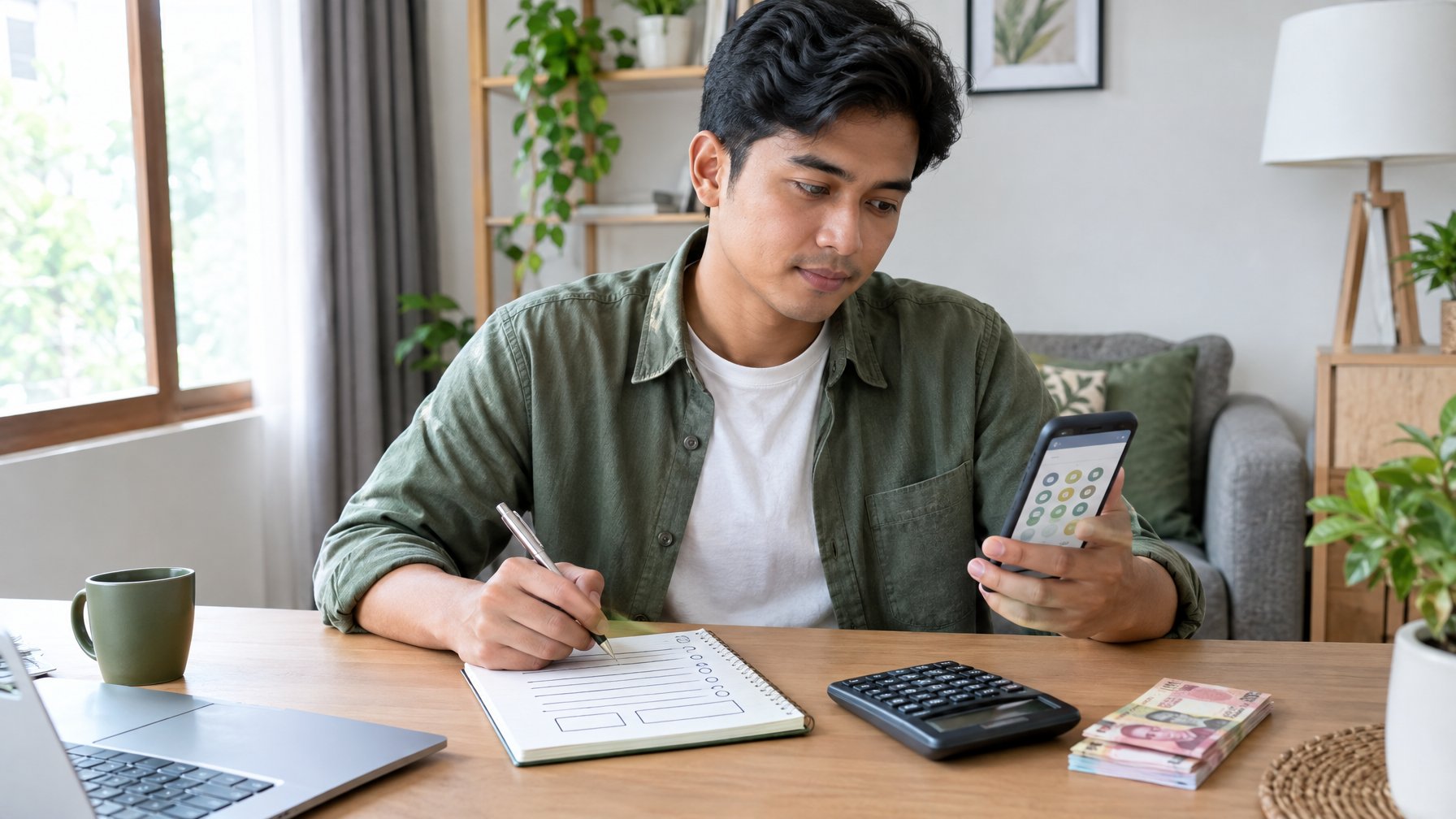Seseorang meninjau ponsel sambil mencatat batas pengeluaran di meja.