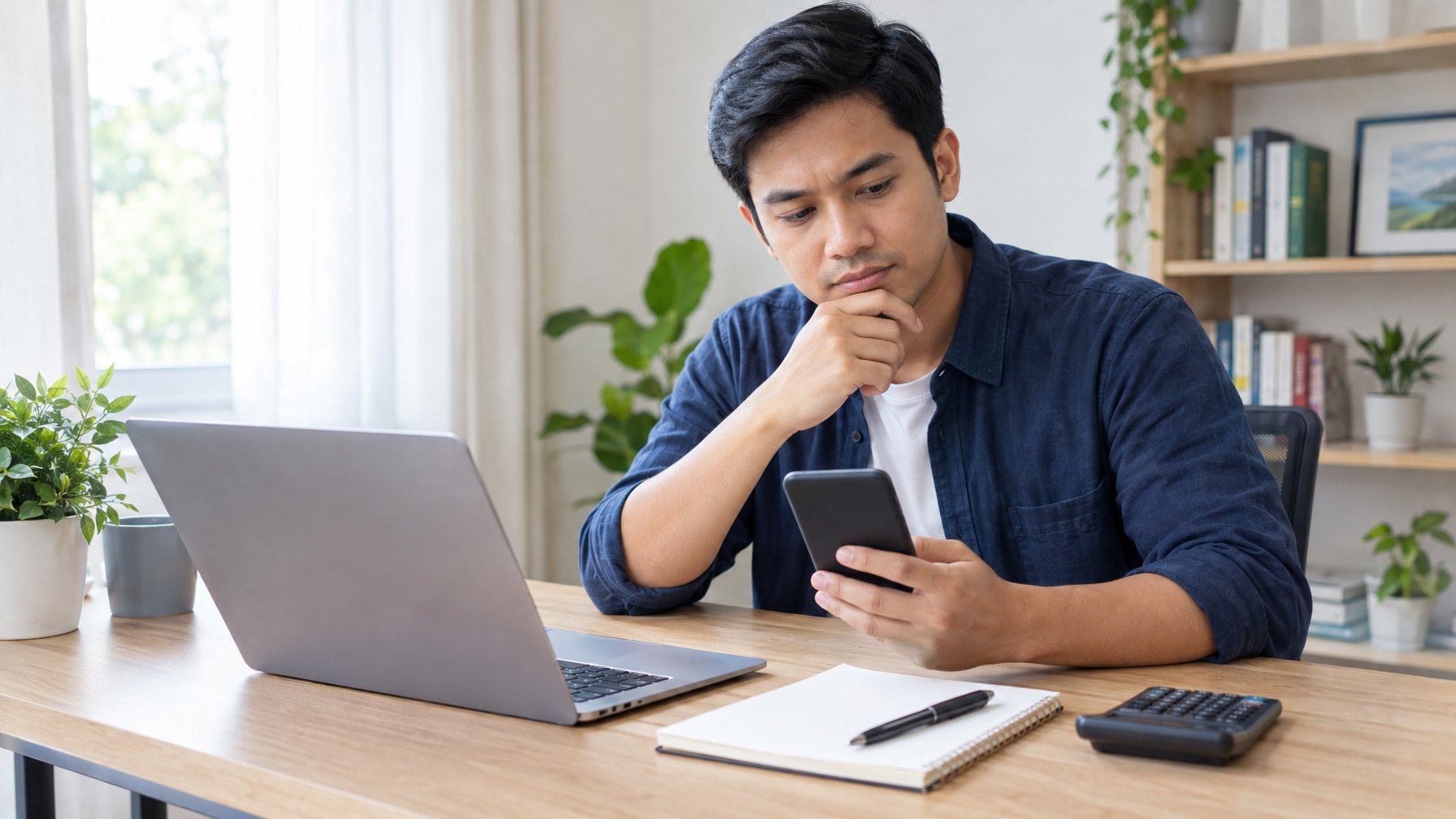 Seseorang memeriksa ponsel dan laptop di meja dengan kalkulator serta buku catatan.
