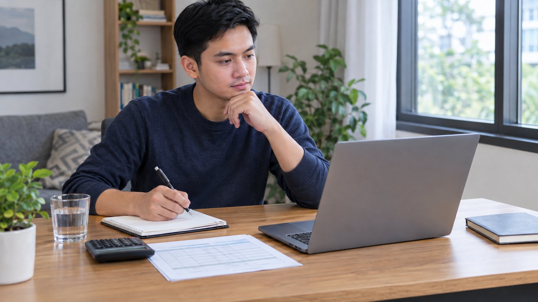 Seseorang meninjau laptop dan catatan anggaran di meja.