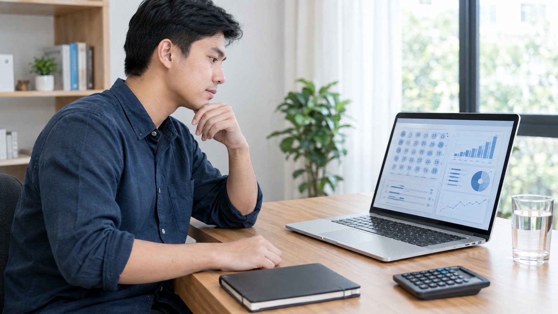 Seorang dewasa meninjau tampilan angka di laptop sambil duduk di meja dengan buku catatan dan kalkulator.