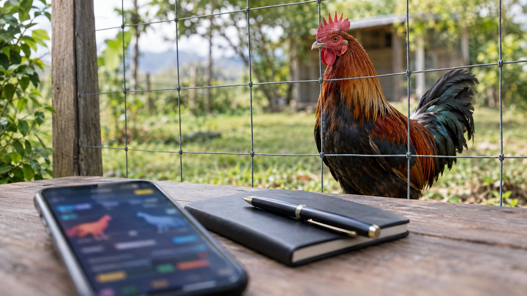 Seekor ayam jantan berdiri di balik pagar, dengan ponsel dan buku catatan di latar depan.