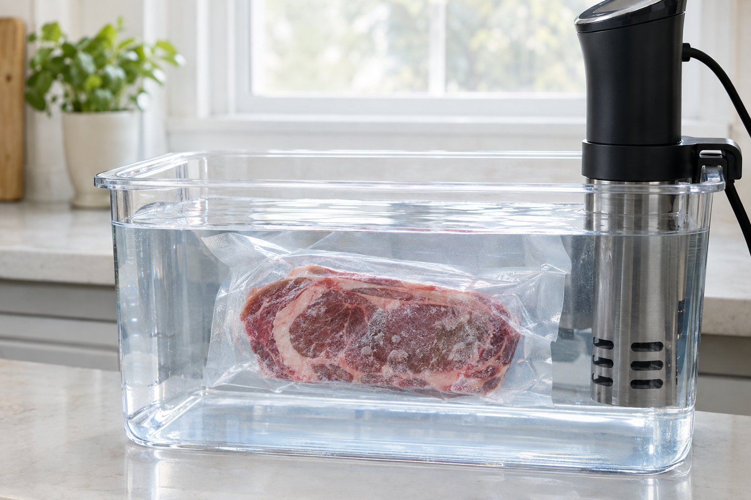 En vakuumförpackad bit kött tinas och tillagas i ett vattenbad.