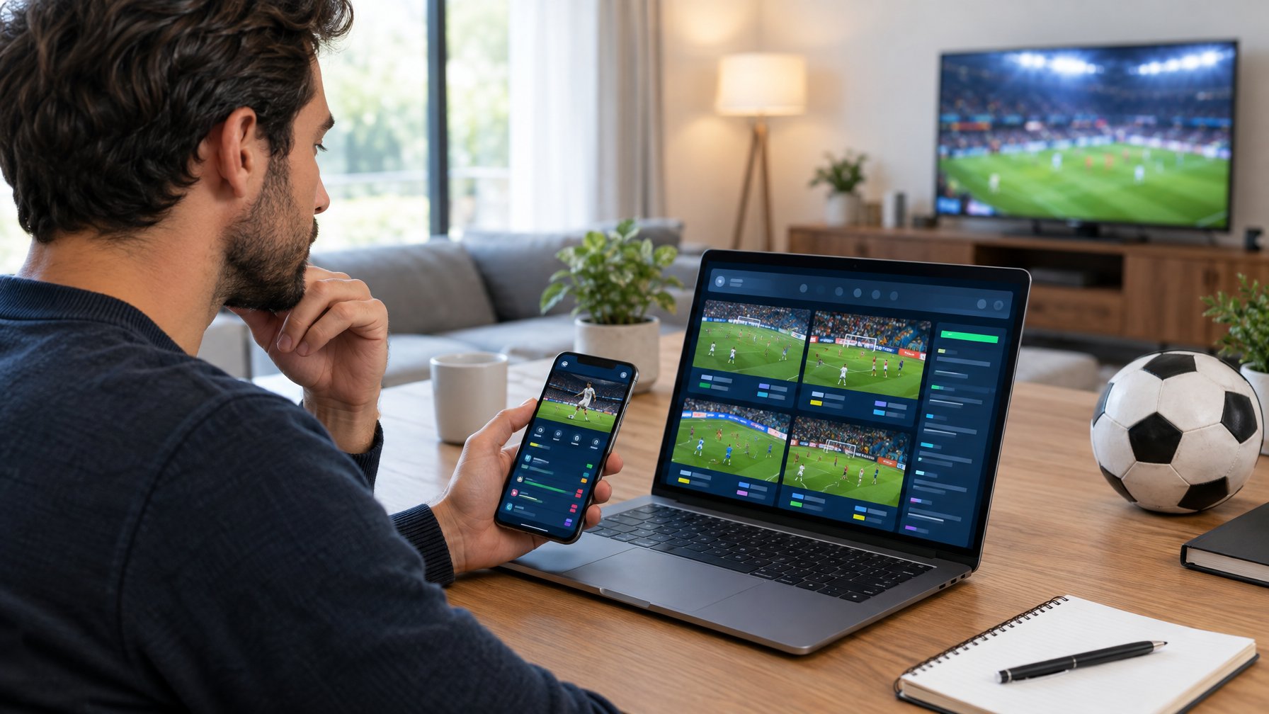 Seorang penggemar sepak bola membandingkan pertandingan di laptop dan ponsel.