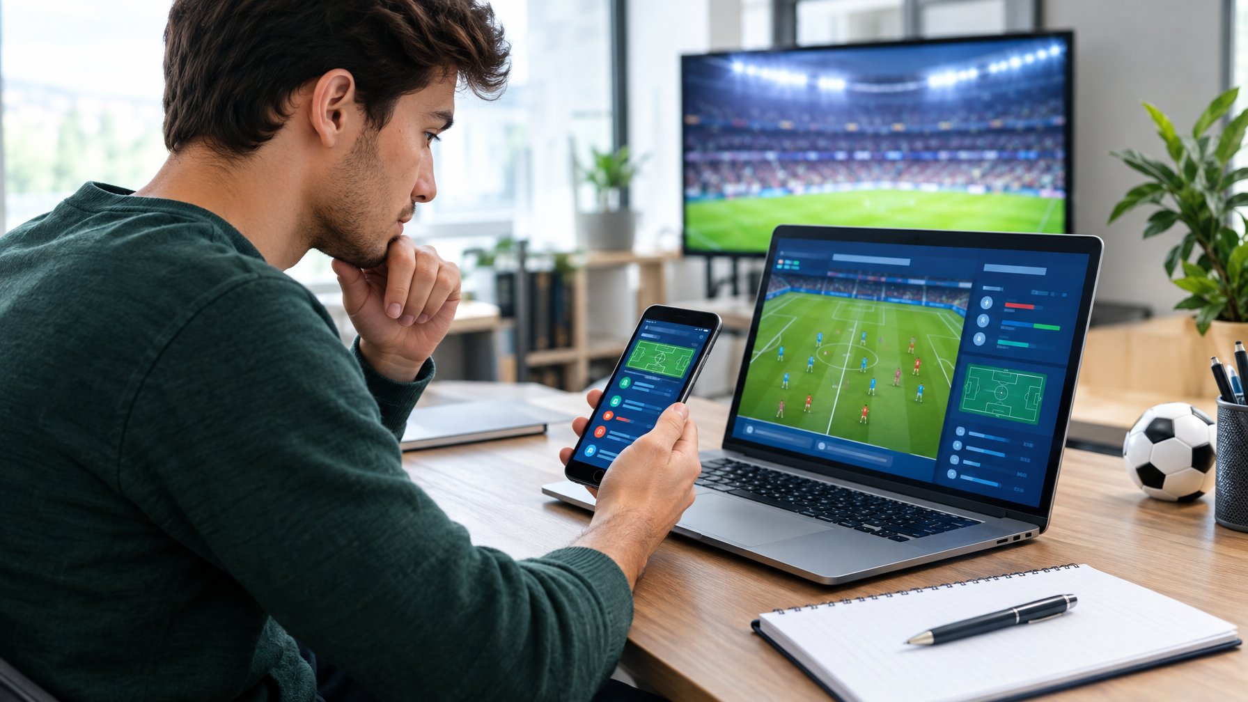 Seorang dewasa mempelajari pertandingan sepak bola menggunakan laptop dan ponsel di meja.