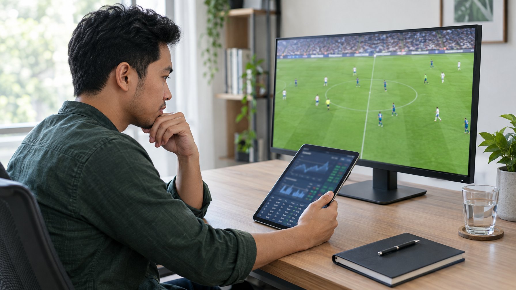 Seorang pria memeriksa statistik pertandingan sepak bola di depan komputer dan tablet.