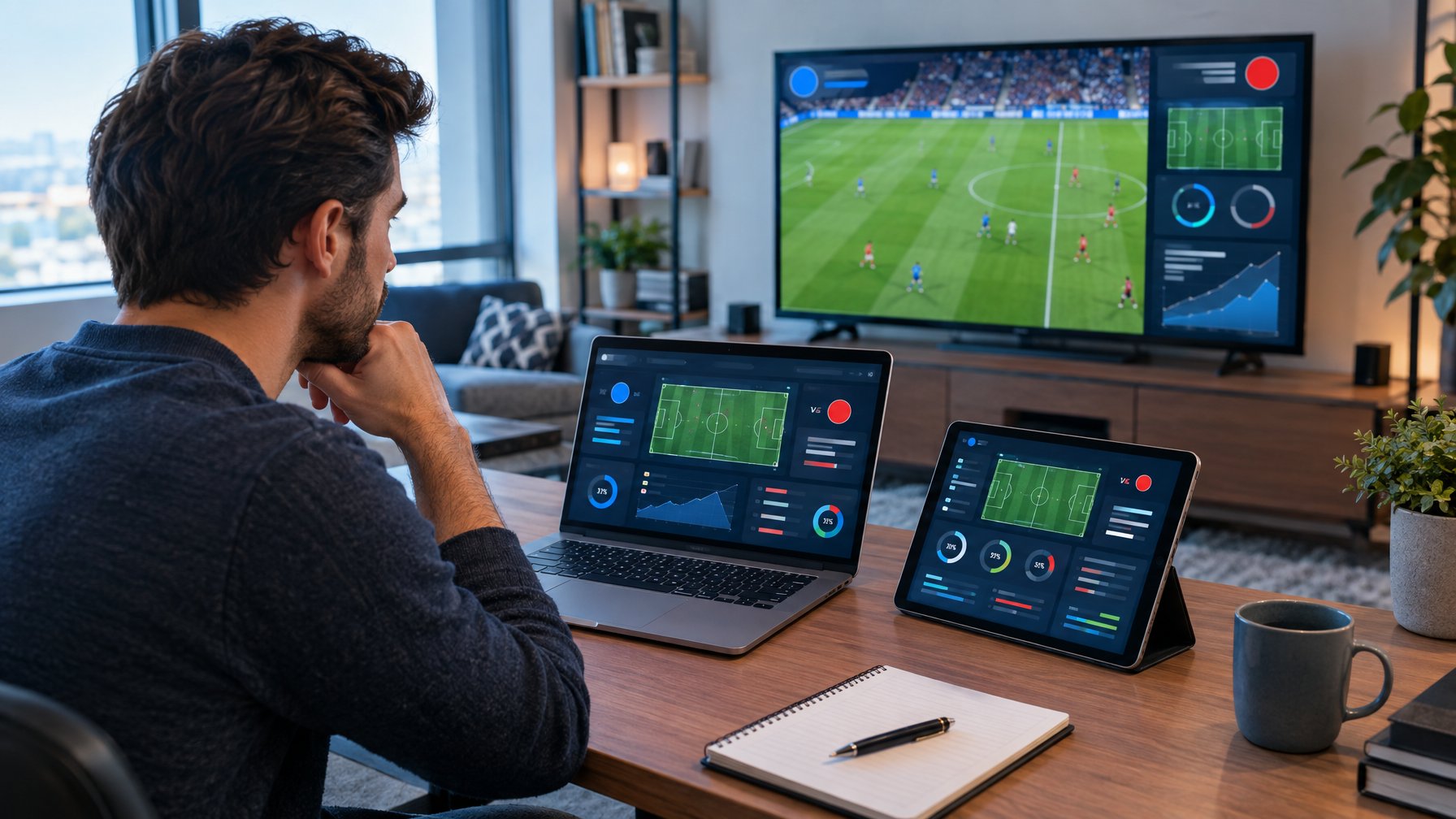 Seorang penggemar sepak bola mempelajari statistik pertandingan melalui laptop dan tablet.