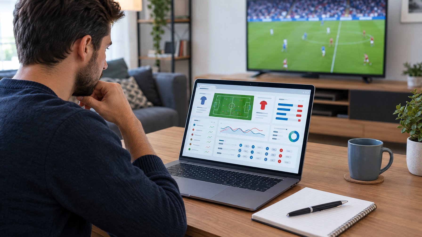 Seorang penggemar sepak bola mempelajari statistik pertandingan di laptop sambil menonton siaran pertandingan.