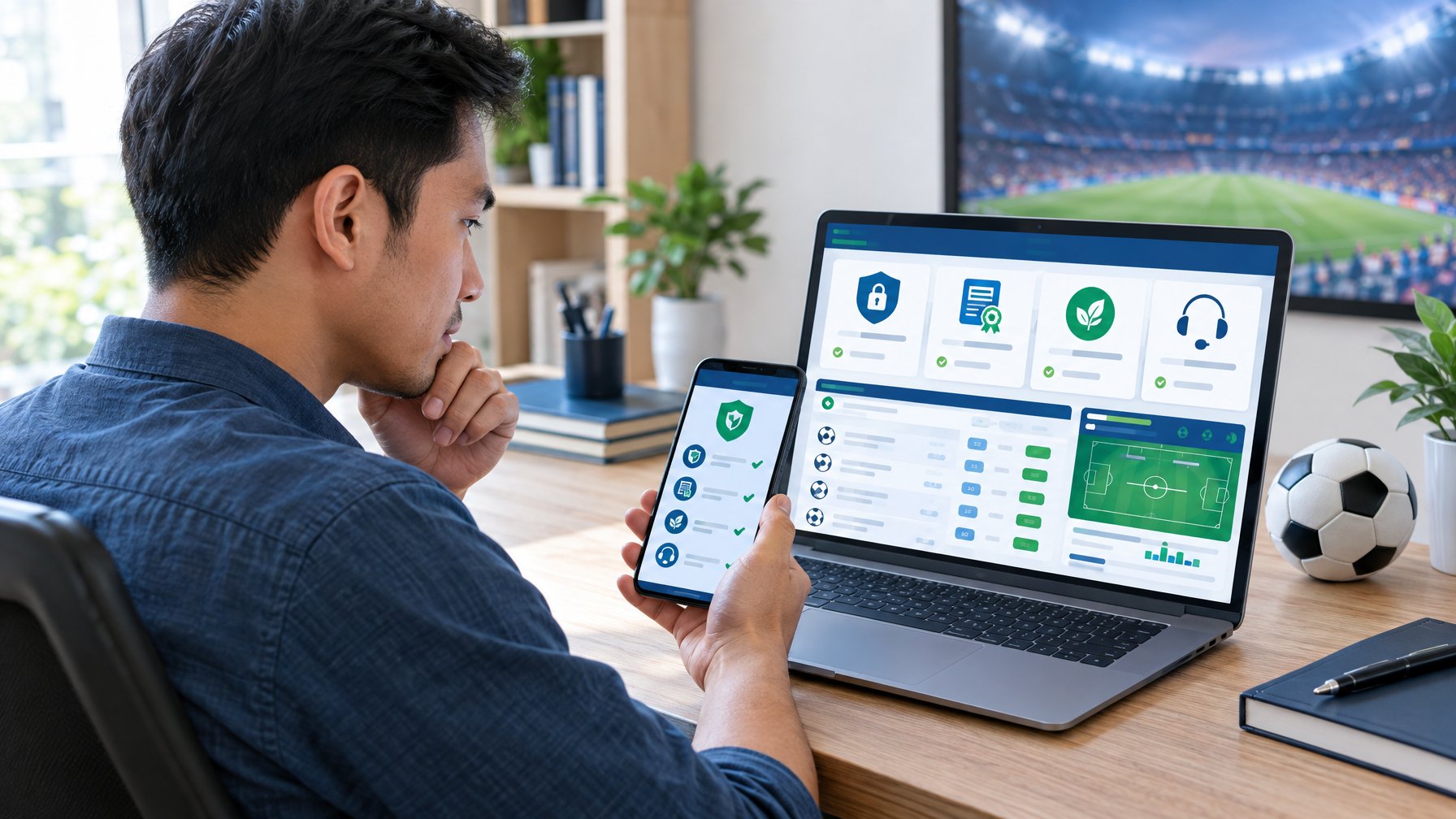 Seorang pria membandingkan platform taruhan olahraga di laptop dan ponsel di meja kerjanya.